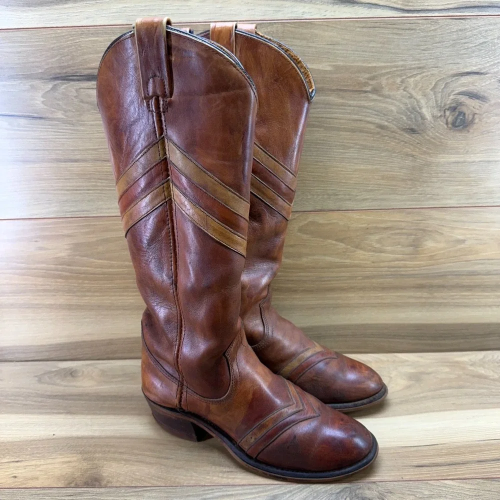 Miss Capezio Vintage Tall Western Boots 6 M Whiskey Cognac Chevron Boho Festival